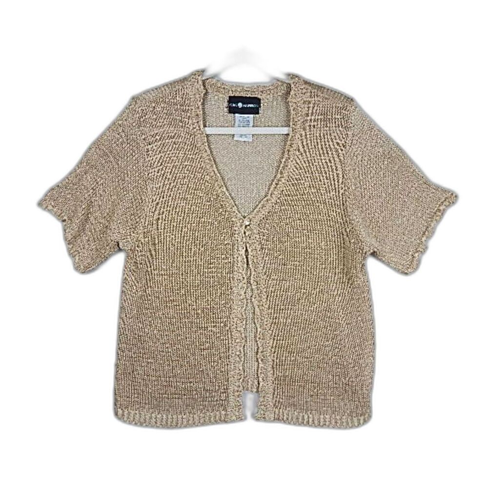 Saks Fifth Avenue Short Sleeve Sweater Cardigan XL Tan Beige Quiet Luxury Boho